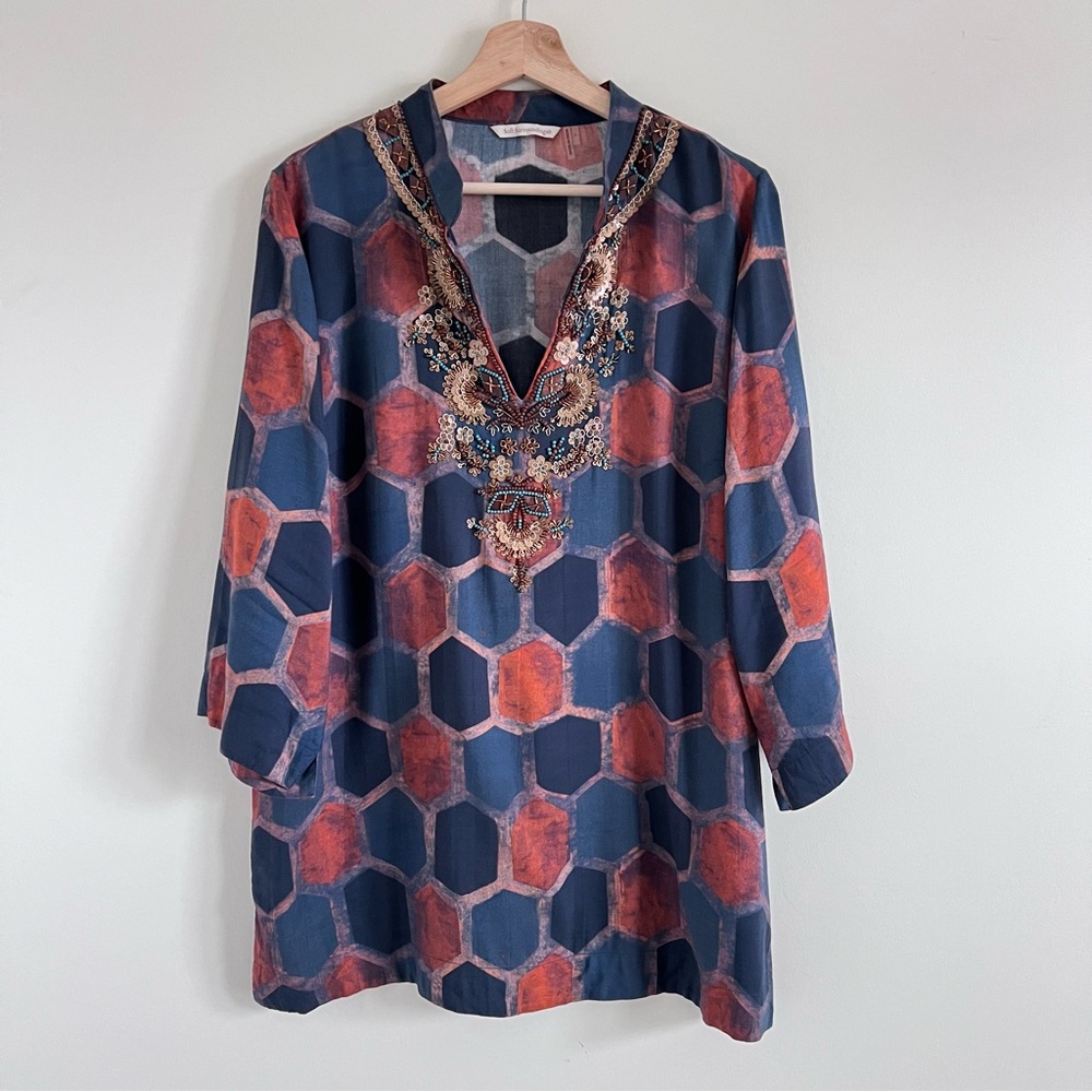 Soft Surroundings Tunic Beaded Neckline Size L 14/16 Earthy muted colors